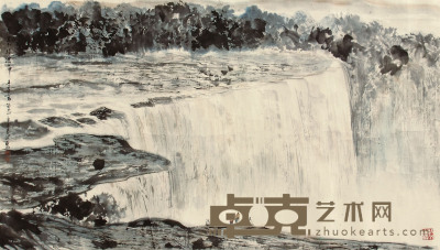 亚明 山水人物 镜片 68×123cm