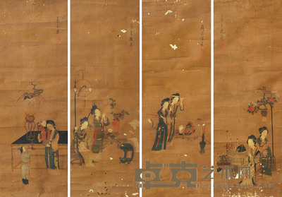 钱选 人物 四屏 80×28cm×4
