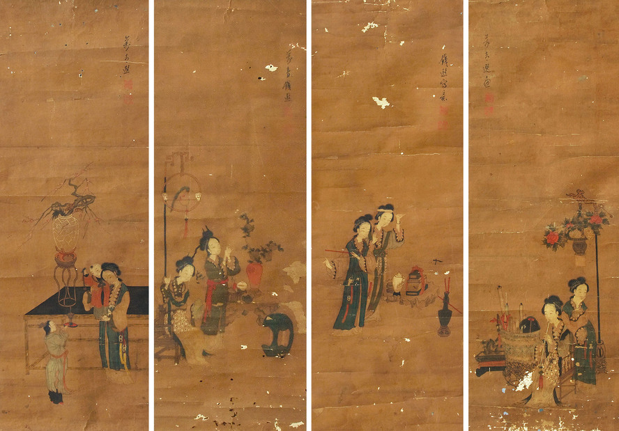 钱选 人物 四屏