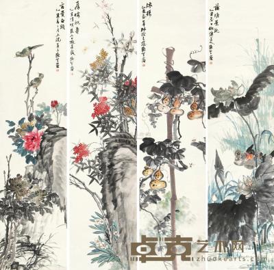 柳滨 乙丑（1925）年作 仿古花鸟 （四件） 屏轴 169×42cm×4