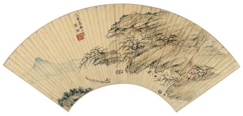 陈祼 乙亥（1635年）作 花溪放棹图 扇面