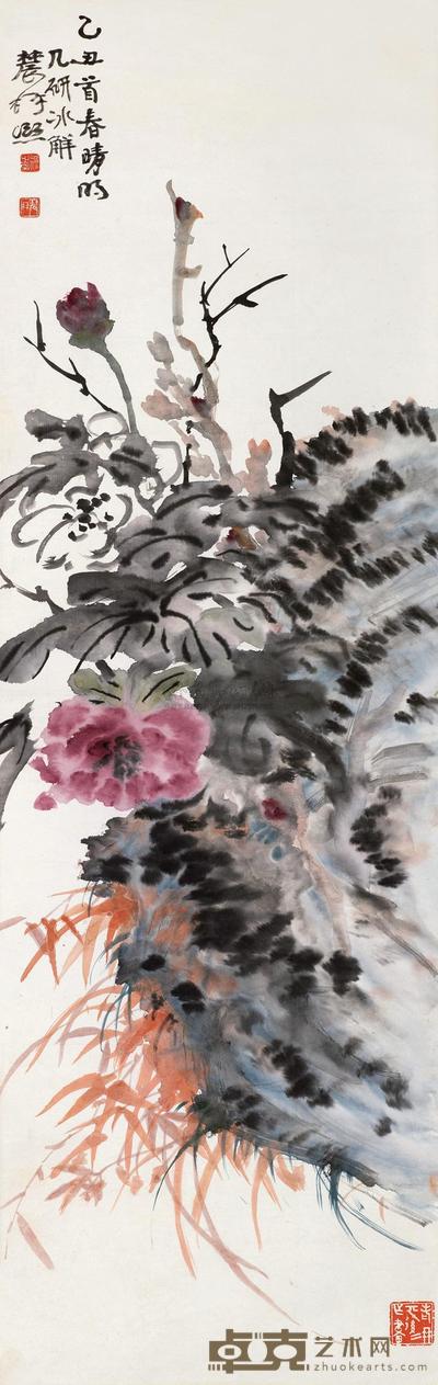 曾熙 乙丑(1925)年作 竹石花卉 立轴 122.5×38.5cm