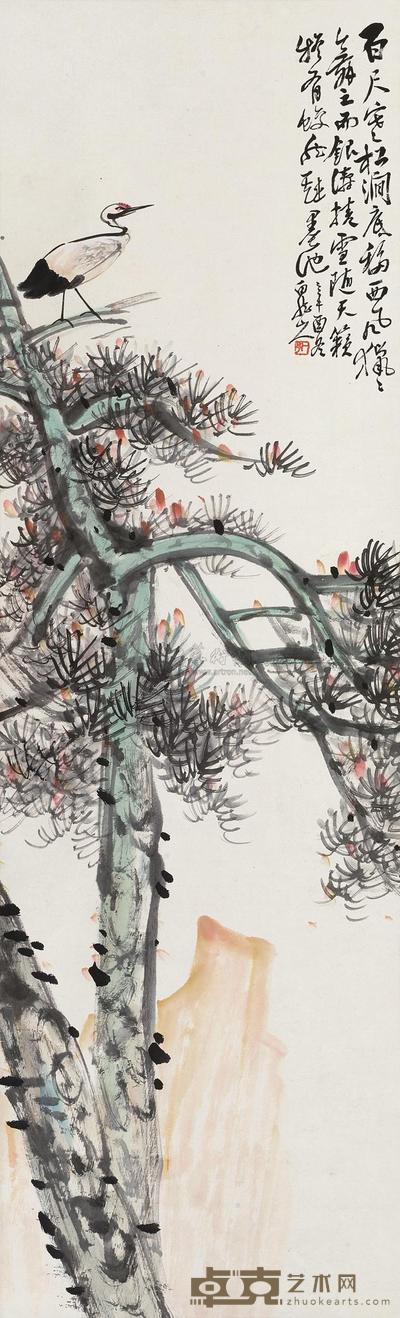 王震 辛酉(1921)年作 松鹤图 立轴 96×29cm