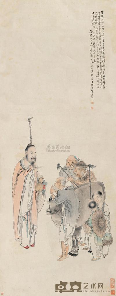 沈心海 辛卯（1891）年作 三叟长寿 镜片 129.5×50cm