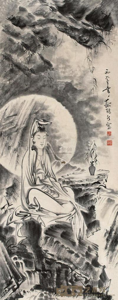 蔡鹤汀 1961年作 岩间观音 镜片 103.2×40cm