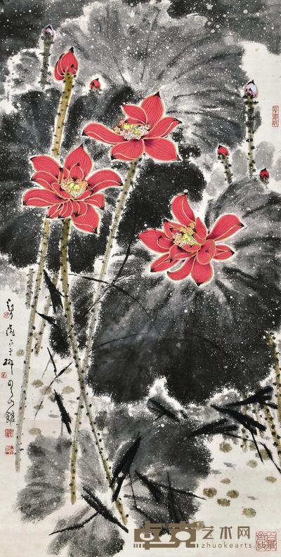 郑乃珖 荷花 镜片 138×68cm