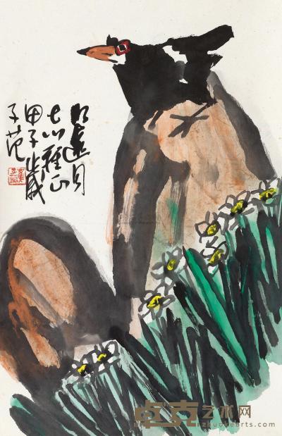 崔子范 甲子（1984）年作 兰石小鸟 立轴 67×43cm