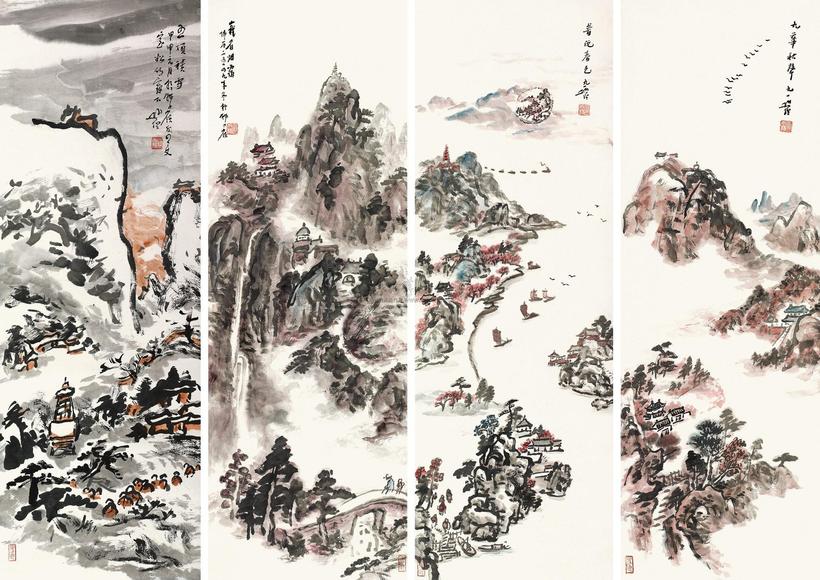 圆霖 佛教四大名山 立轴 四屏
