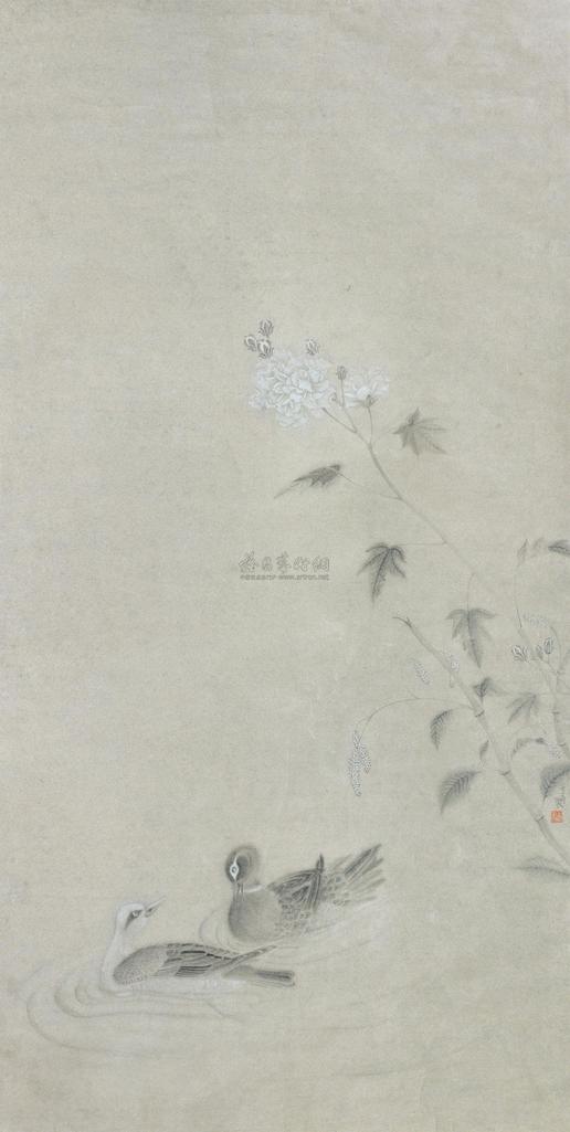 杨立奇 芙蓉双鸭图 镜心