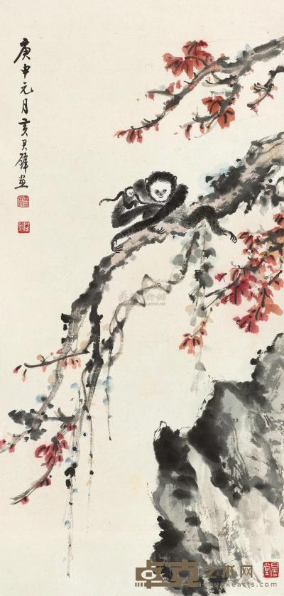 黄君壁 1980年作 枫猴图 镜片 81×38.5cm