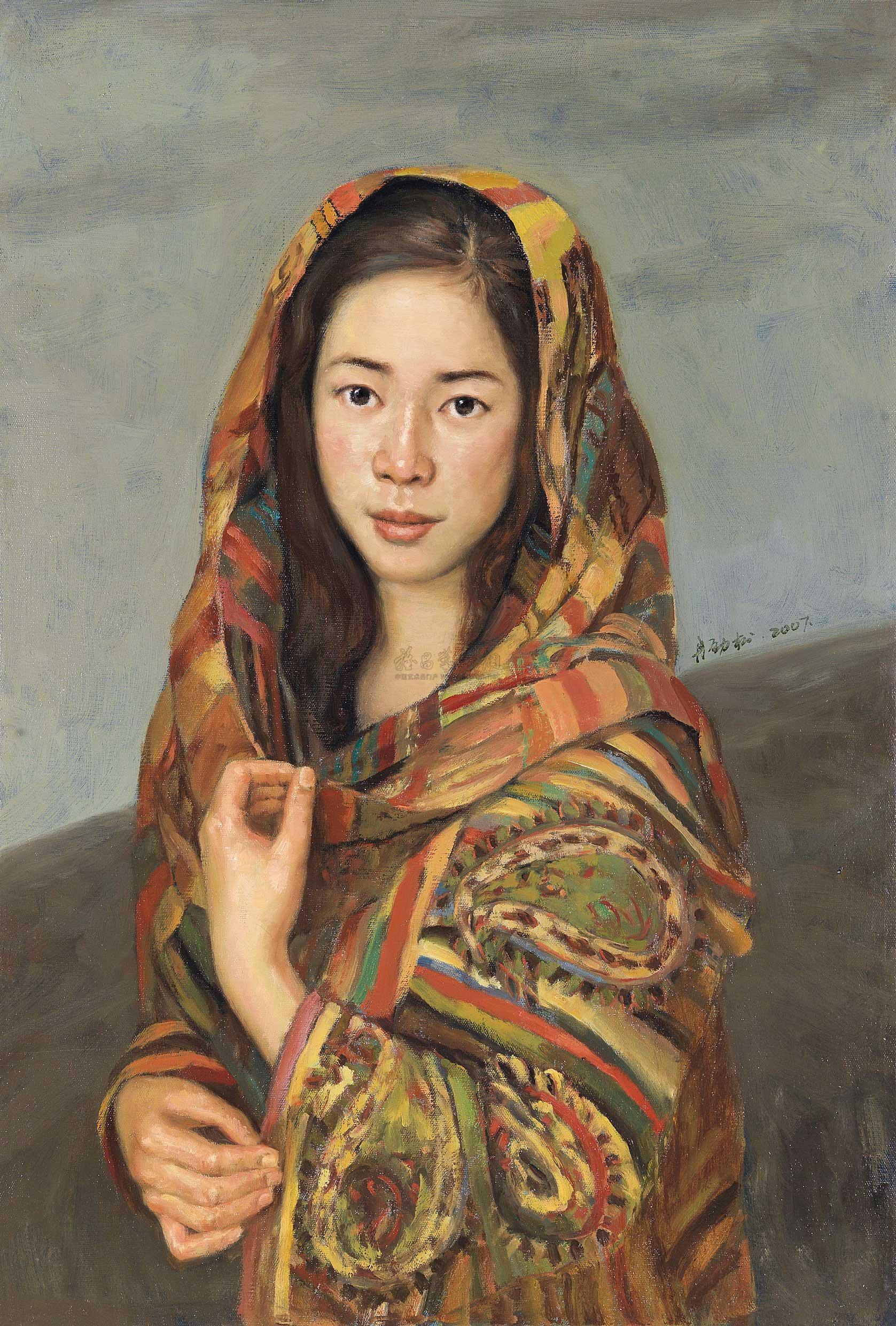 冉劲松 2007年作 披头巾的姑娘 60×90cm
