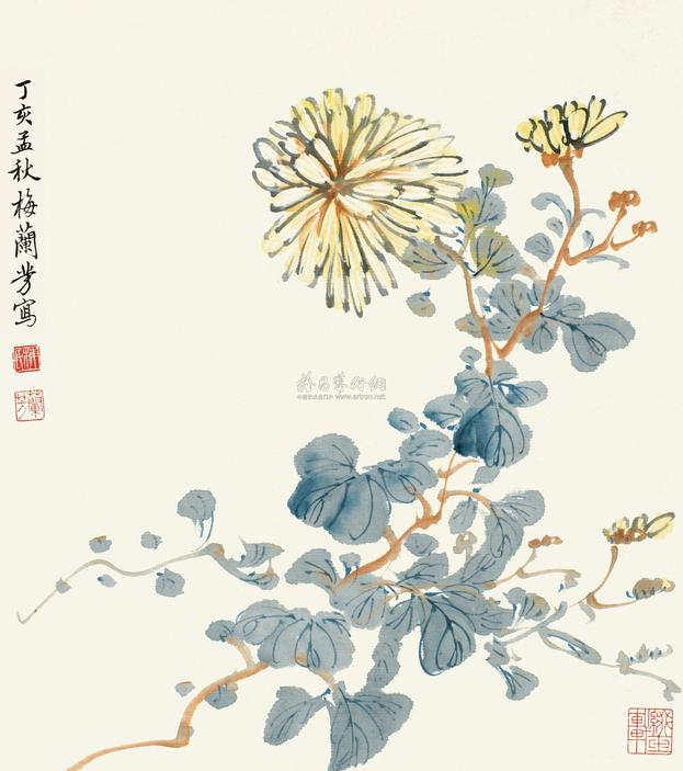 梅兰芳 丁亥（1947年）作 菊花 镜框