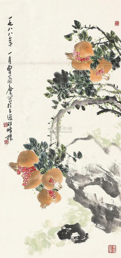 曹简楼 1988年作 石榴 镜心
