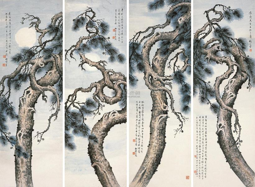 赵松声 松树 四屏