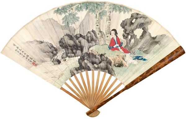 樊虚 吴用威 丙寅(1926年)作 桐阴仕女 元好问诗 成扇