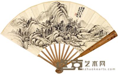 吴徵 樊增祥 甲子(1924年)作 溪山暮晚 陈与义《题东家壁》 成扇 20×52.5cm