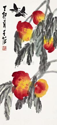 崔子范 丁卯(1987年)作 寿桃蛱蝶 镜心