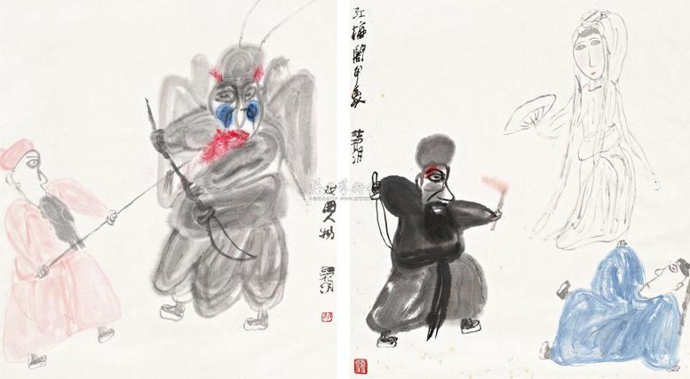 韩羽 戏曲人物 (二帧) 镜心