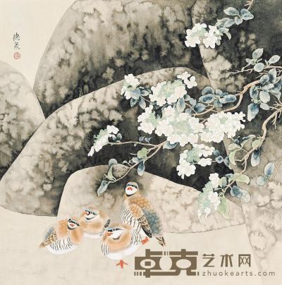 张德泉 工笔花鸟 镜片 68×68cm
