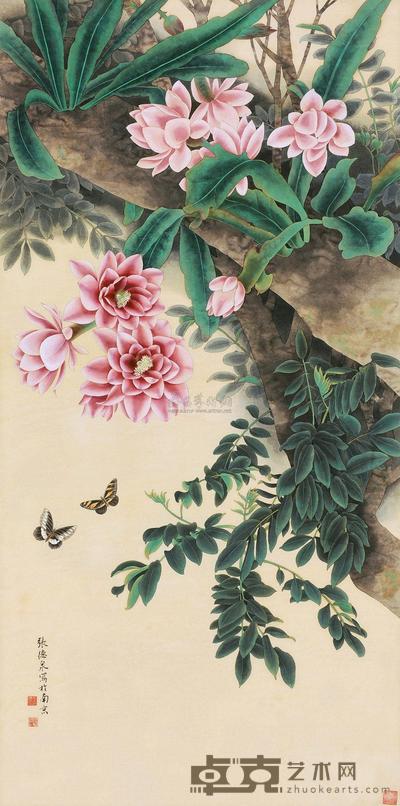 张德泉 工笔花鸟 镜片 138×68cm