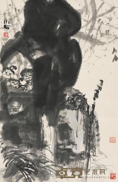 傅小石 顽童戏老翁 立轴 44×67cm