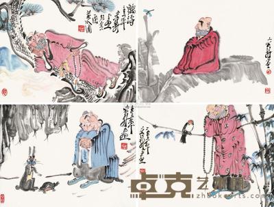 周京新 罗汉人物 立轴 34.5×45cm×4