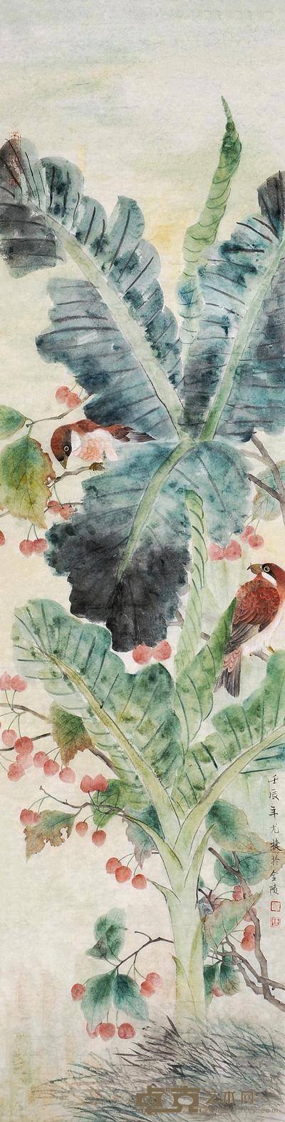 尤婕 芭蕉小鸟 镜片 132×33cm