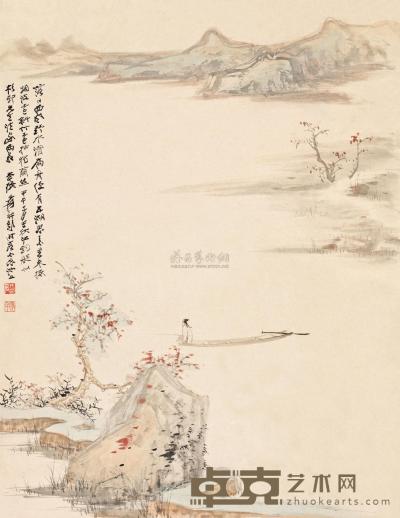 张大千 甲午（1954年）作 秋江钓艇 镜心 39×30cm