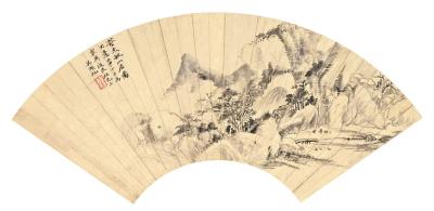 吴湖帆 吴用威 壬申（1932年）作 山居图·自作诗 （二帧） 扇面镜心