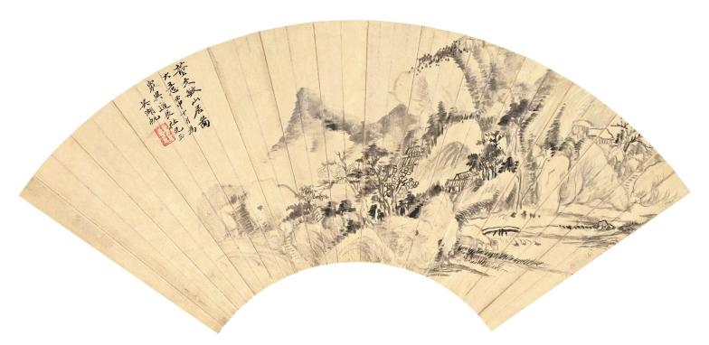 吴湖帆 吴用威 壬申（1932年）作 山居图·自作诗 （二帧） 扇面镜心