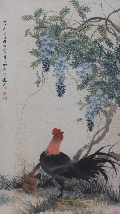 杨竹庵《紫藤双鸡》镜框 107×58cm
