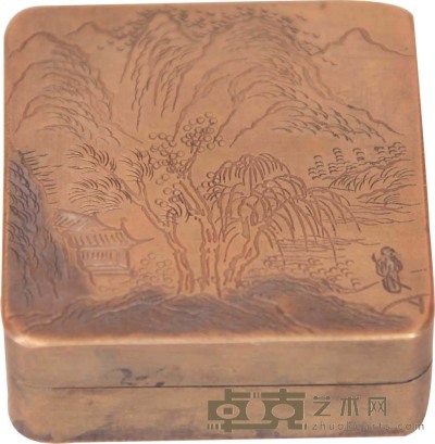 清 刻山水人物纹铜墨盒 6.7 ×6.7 cm
