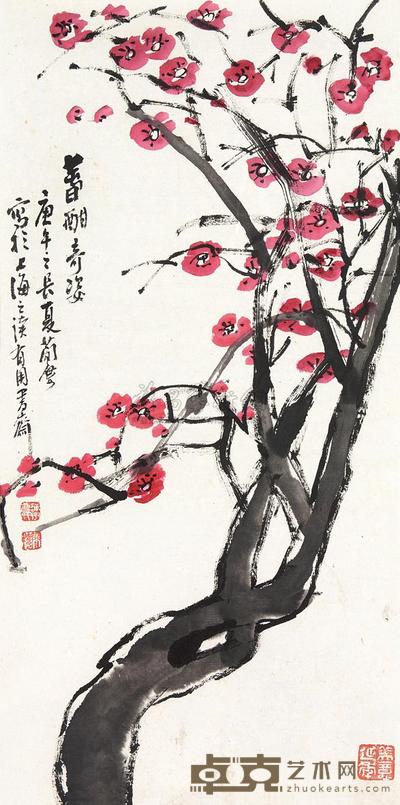 曹简楼 红梅 镜框 67×34cm