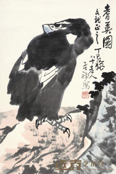 李苦禅 1977年作 耆鹰图 立轴 69.5×46cm