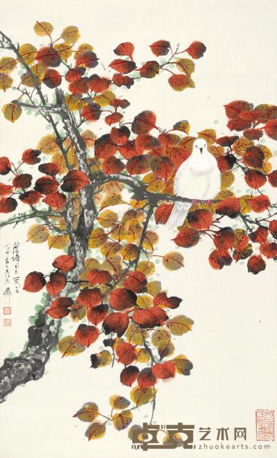谢稚柳 1978年作 红叶白鹭图 立轴 83×50.5cm
