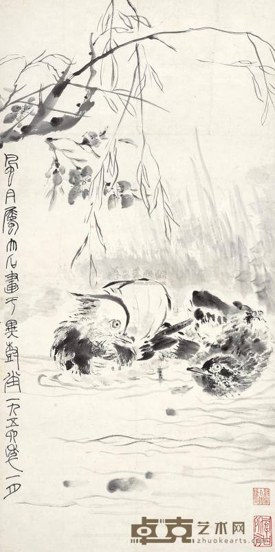 唐云 1956年作 柳塘鸳鸯 立轴 68×34cm