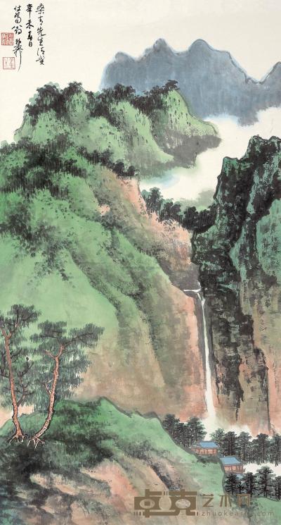 谢稚柳 1991年作 青绿山水 镜心 88×47cm