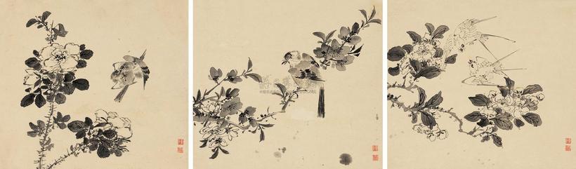 陈书 花卉 镜心 （三开）