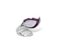 天然紫翡翠配钻石及红宝石「玉兰花」戒指