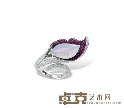 天然紫翡翠配钻石及红宝石「玉兰花」戒指 