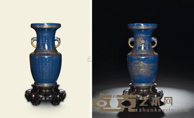 清乾隆 霁蓝釉描金山水题诗纹盘口瓶 高39.5cm
