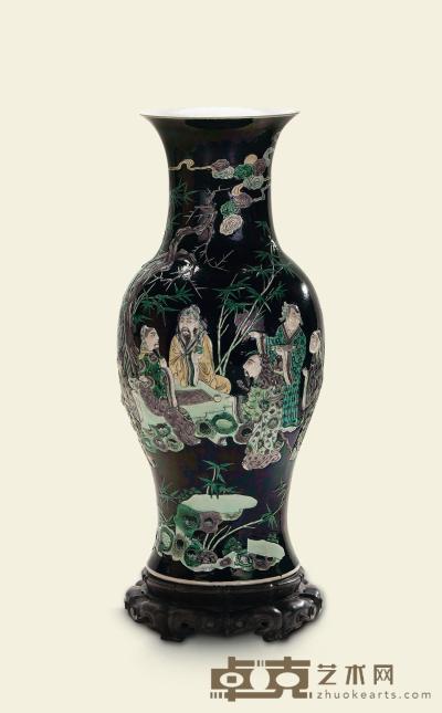 清中期 墨地素三彩雕瓷竹林七贤观音瓶 高84cm