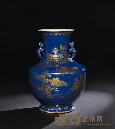 清中期 霁蓝釉描金山水花鸟纹双耳尊 高56cm
