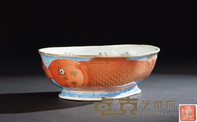 清咸丰 粉彩福山寿海纹鱼形碗 长22cm
