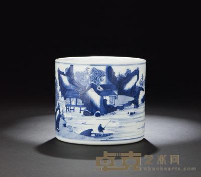 清 青花山水人物纹笔筒 高16cm