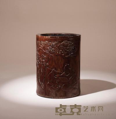 清中期 竹雕高士对弈图笔筒 高15.5cm