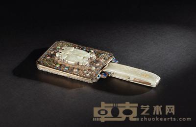 清 白玉镶烧蓝嵌宝手镜 长25cm