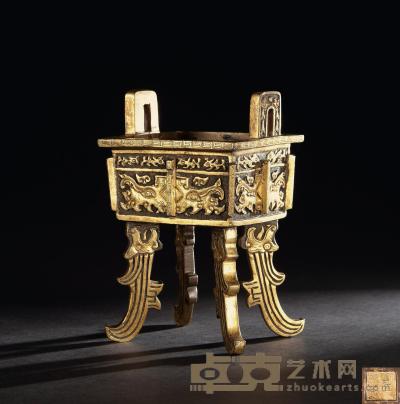 明 胡文明款铜鎏金饕餮纹鼎式炉 高18cm