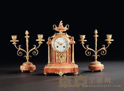 19世纪 铜鎏金镶云石座钟 （一套） 高31.5cm；高25cm