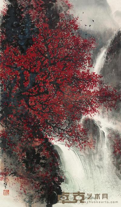 黎雄才 秋林飞瀑 立轴 81×48cm